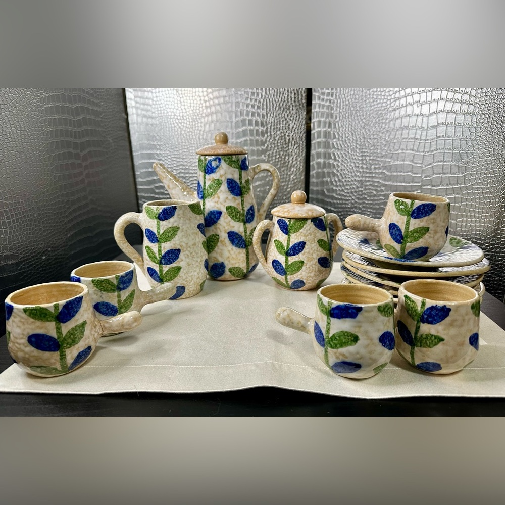 Floral Ceramic Tea Set with Blue and Green Leaves
